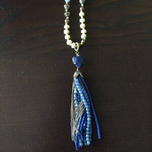 Stella & Dot Blue White Silver Tassel Beaded Necklace Statement Boho Western